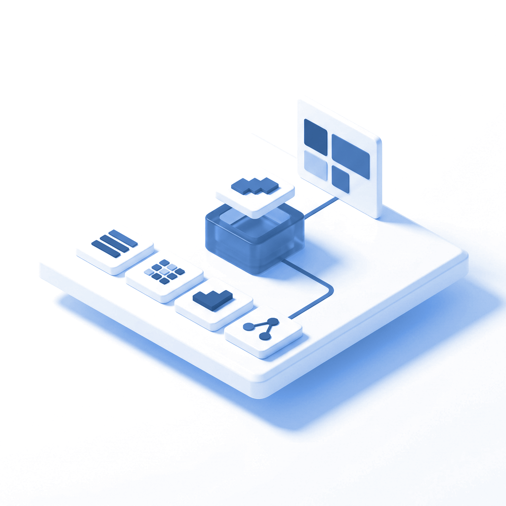 Illustratives blau-weißes Modell zur Auswahl und Integration modularer KI-Werkzeuge
