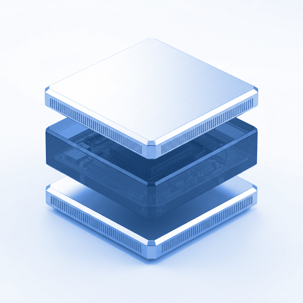 Illustrative exploded view of a precision-engineered technology module in white and blue