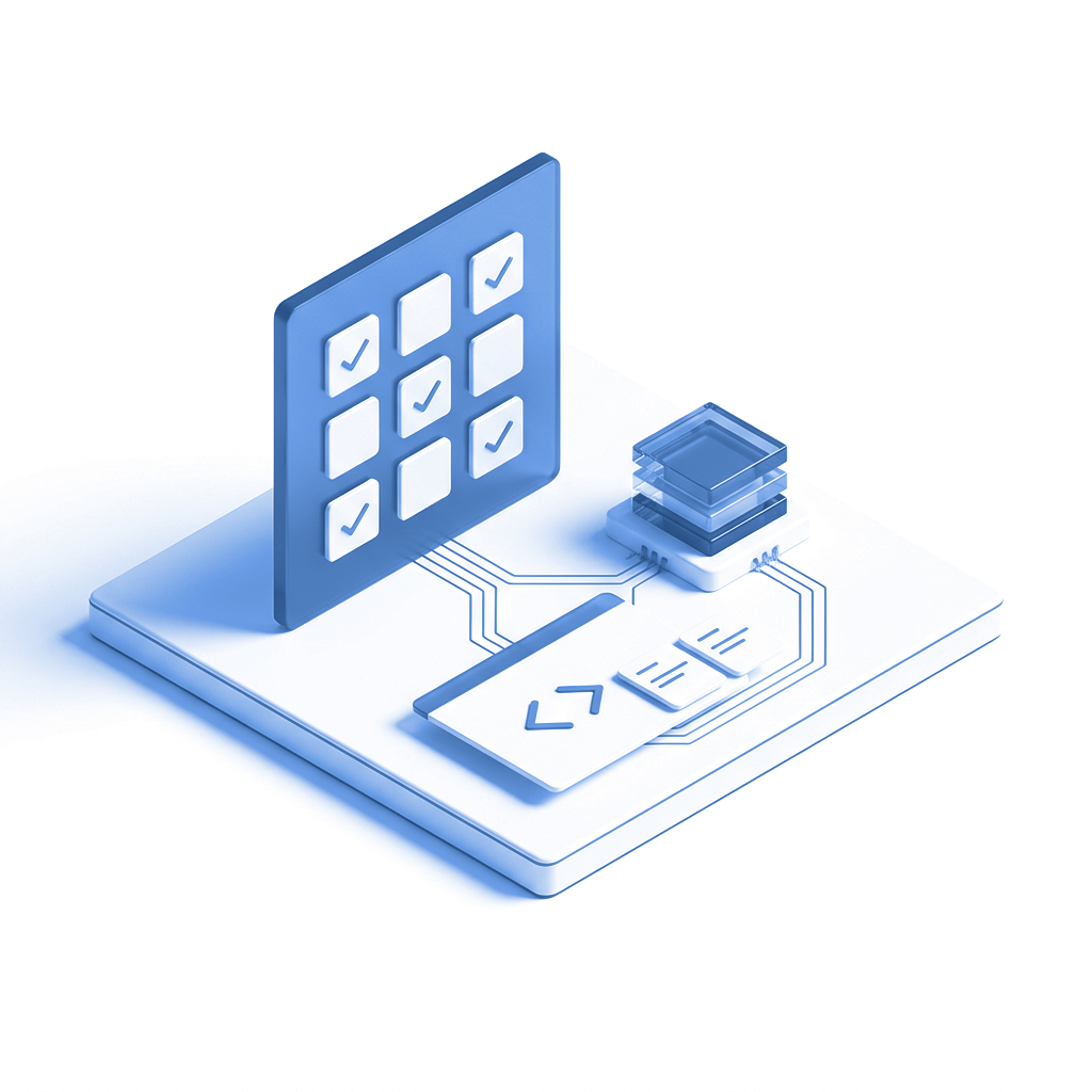 Illustratives blau-weißes Testing-Modell mit Prüfmatrix, Software-Testfällen und KI-Rechenkern