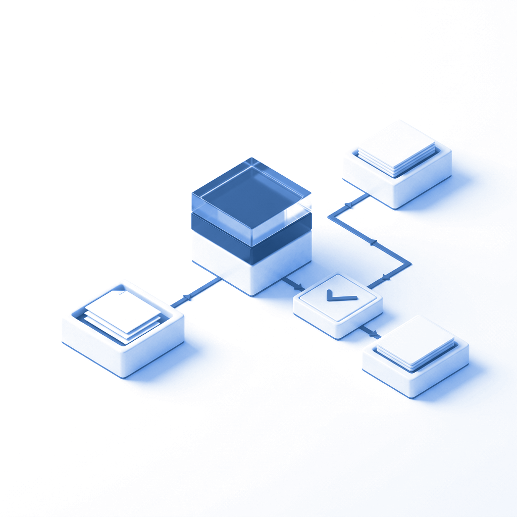 Illustrative blue-and-white workflow connecting input, processing, review, and output stages